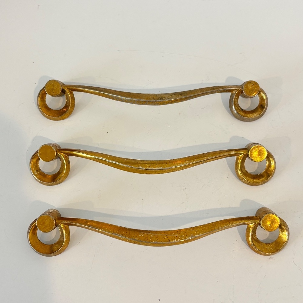 MCM Set of THREE drawer pulls mid century dresser handles gold toned 5.5" wide - Picture 10 of 12